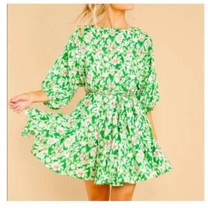 French violet boutique balloons sleeves Floral Green and Pink mini  Dress L